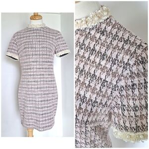 Shein | Tweed houndstooth pink lace & pearl collar/sleeves dress